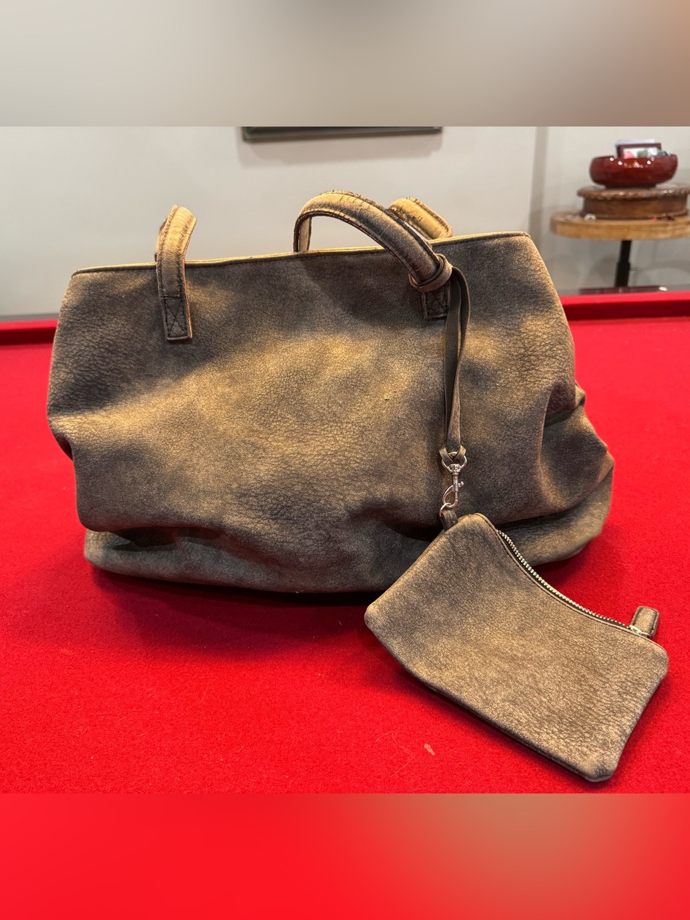 We The Free Free People “Emerson” Leather Tote Bag Charcoal Distressed Pouch